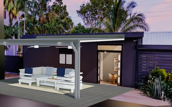 A patio placed on a photo of a real house